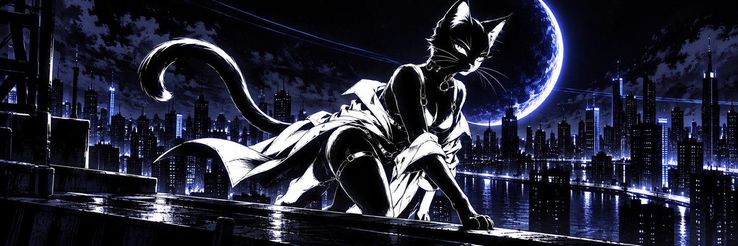 CATWO watching over a futuristic city beneath an indigo moon