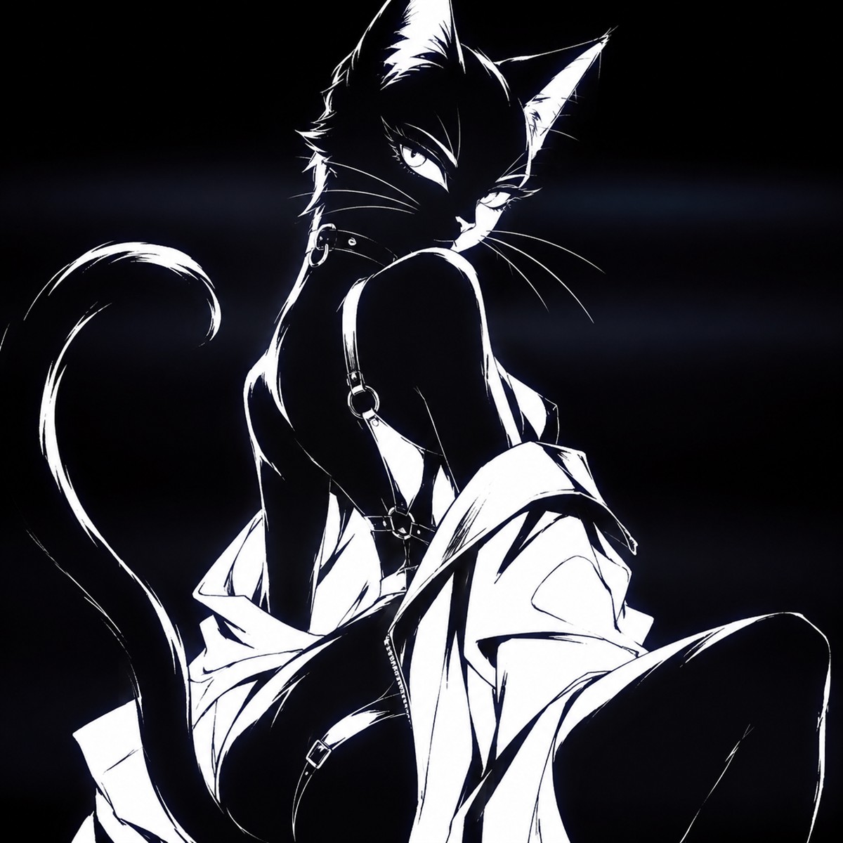 CATWO, a black feline antihero lit by an indigo midnight glow