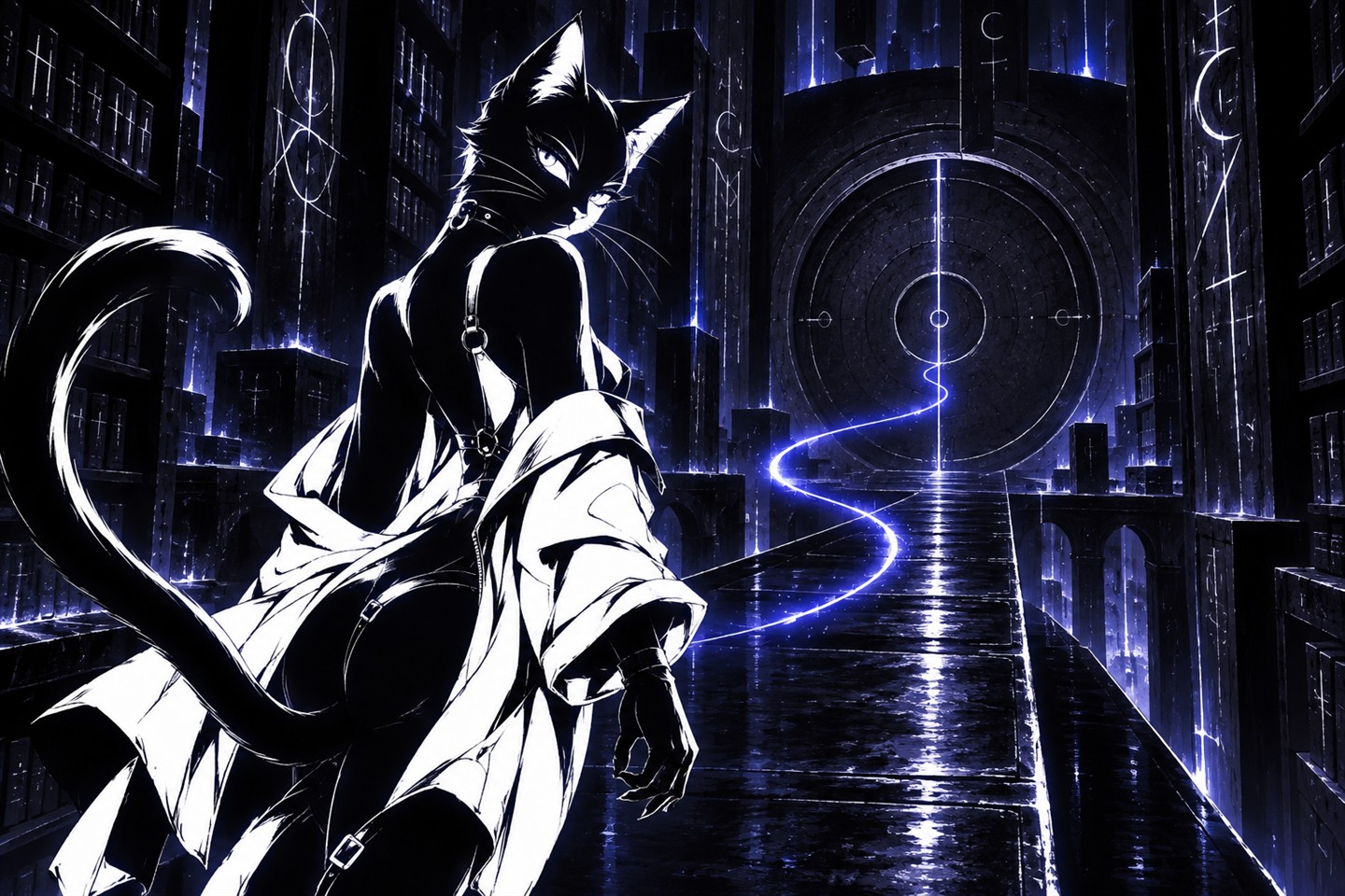 CATWO entering a hidden archive through an indigo light trail